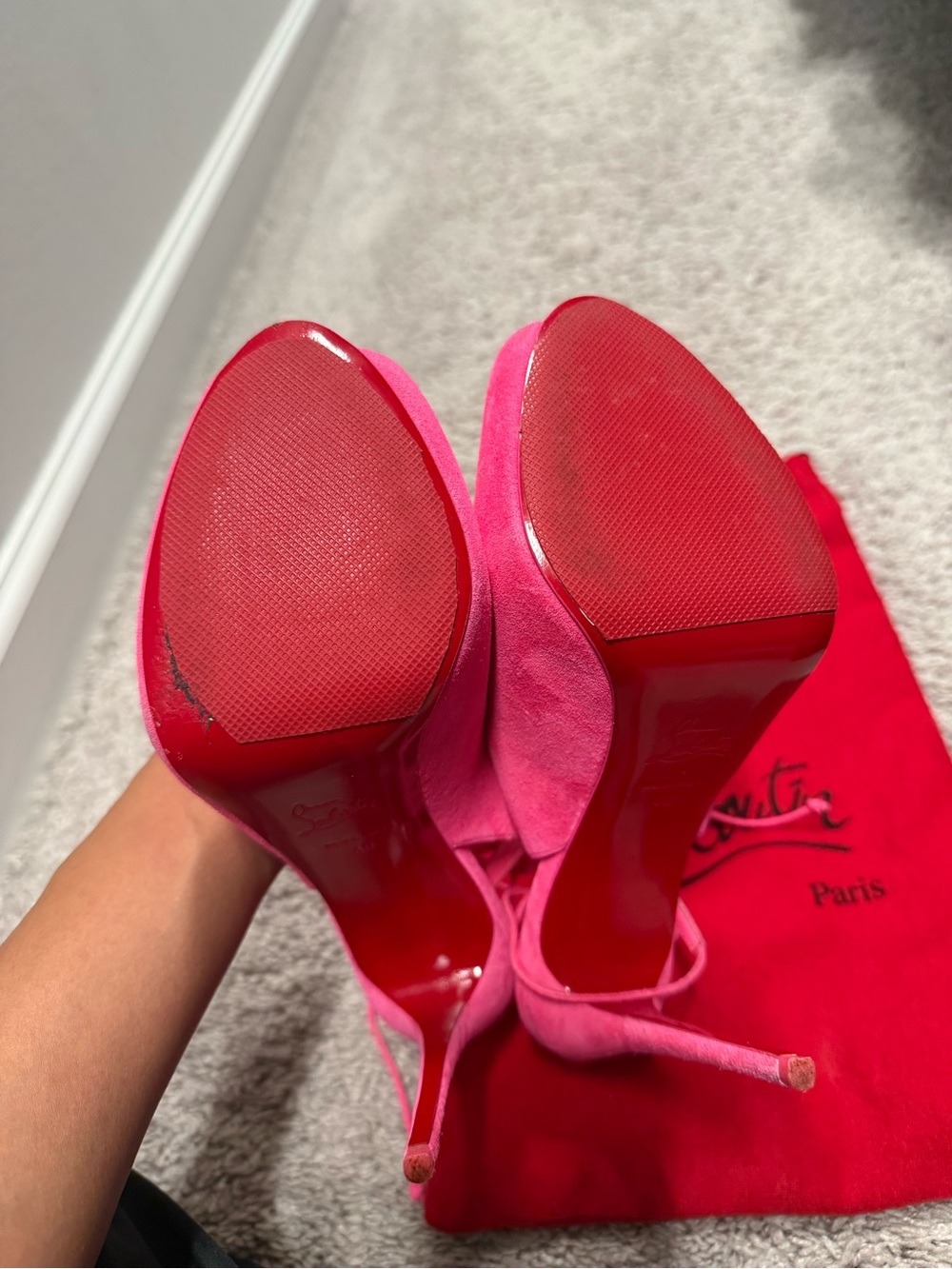 Christian Louboutin Hot Pink Suede Peep-Toe Lace-Up Heels - Picture 2 of 5